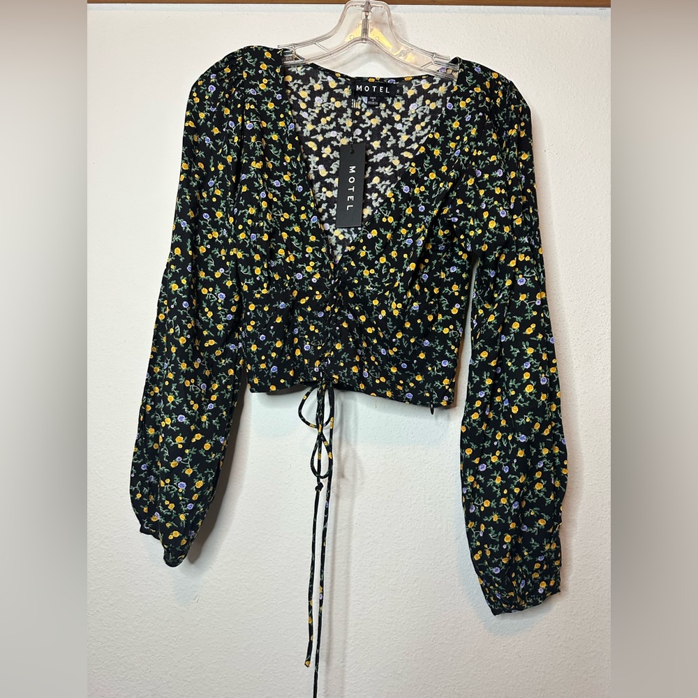 Motel, US size small, black long sleeve blouse with floral print